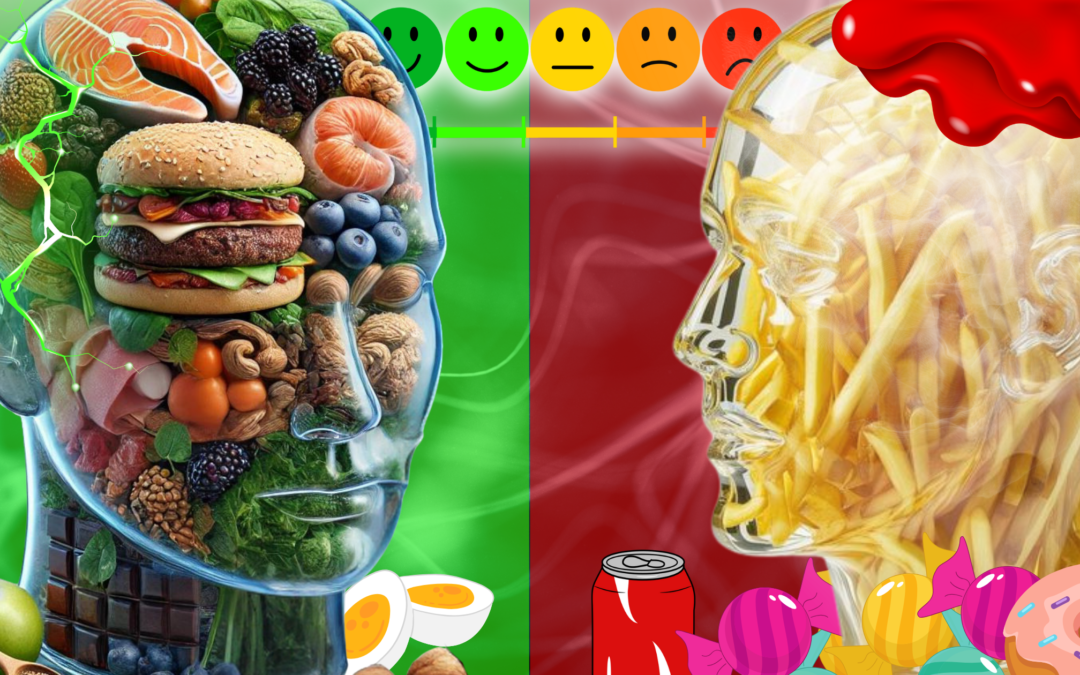 Healthy foods like fruits, nuts, and vegetables arranged to highlight cognitive cuisine for mental performance.